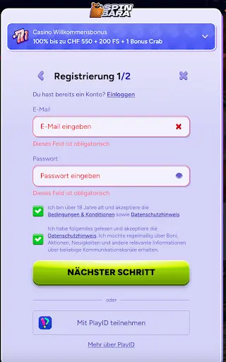Registrierung Schritt 1 SpinBara SpinBara Registrierung Schritt 1 mit Eingabe von E-Mail und Passwort
