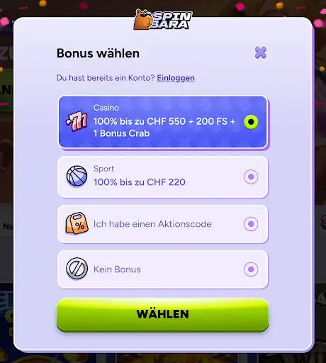 Bonus Auswahl SpinBara SpinBara Bonus wählen Casino oder Sport Bonus