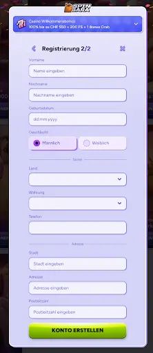 Registrierung Schritt 2 SpinBara SpinBara Registrierung Schritt 2 mit persönlichen Daten und Adresse